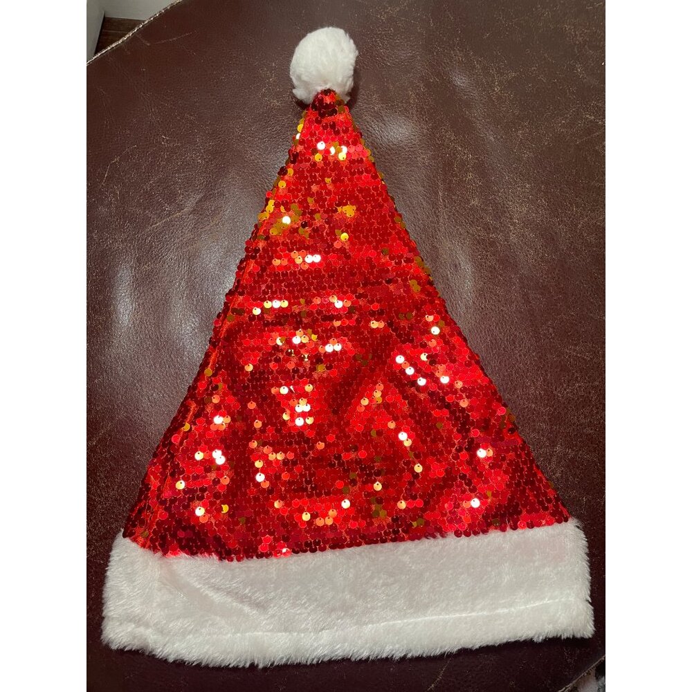 Red Sequin Santa Hat With White Faux Fur Trim & Pom-Pom  One Size Fits Most